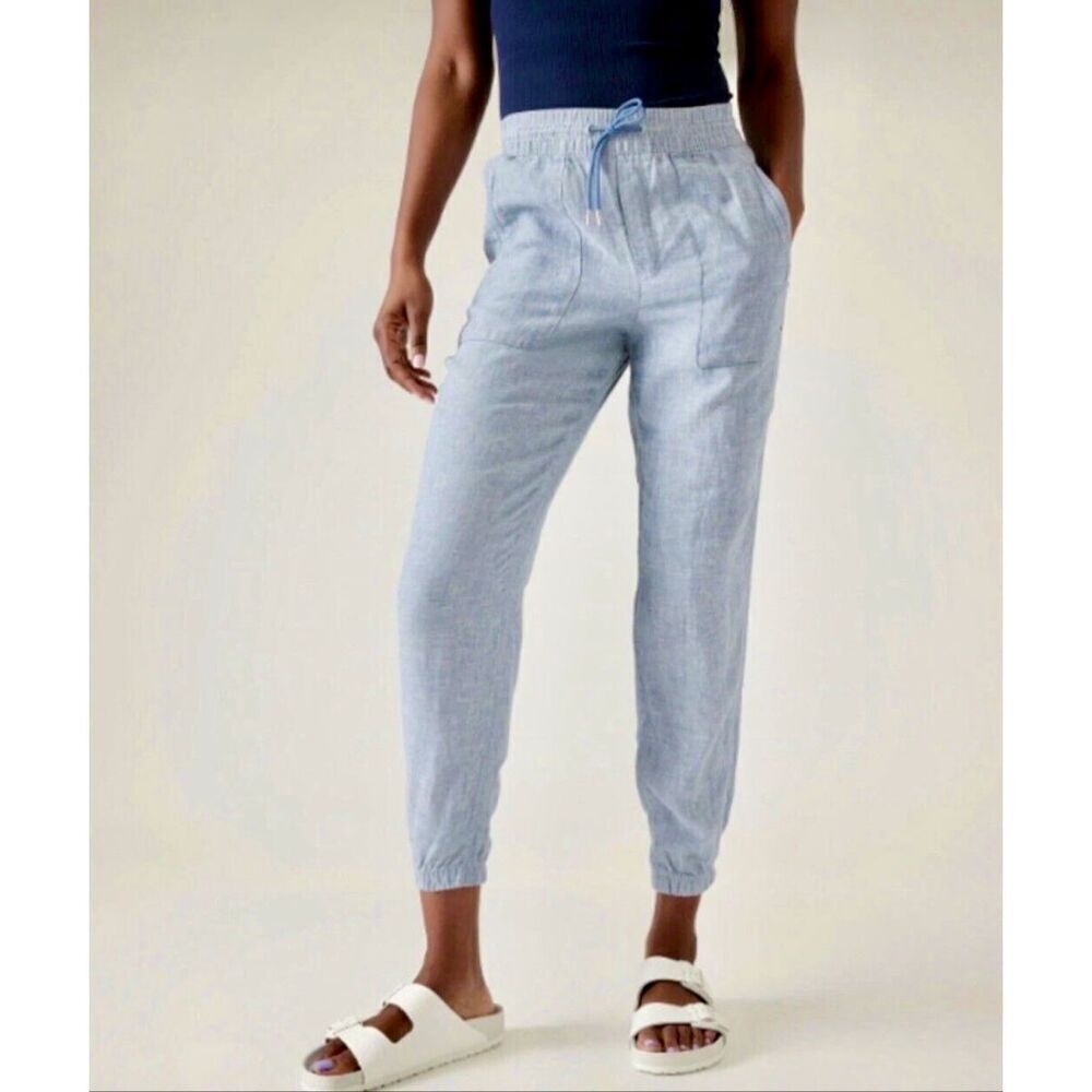 Athleta Retreat Linen Jogger Pants Chambray Blue‎ Size 14 Tall